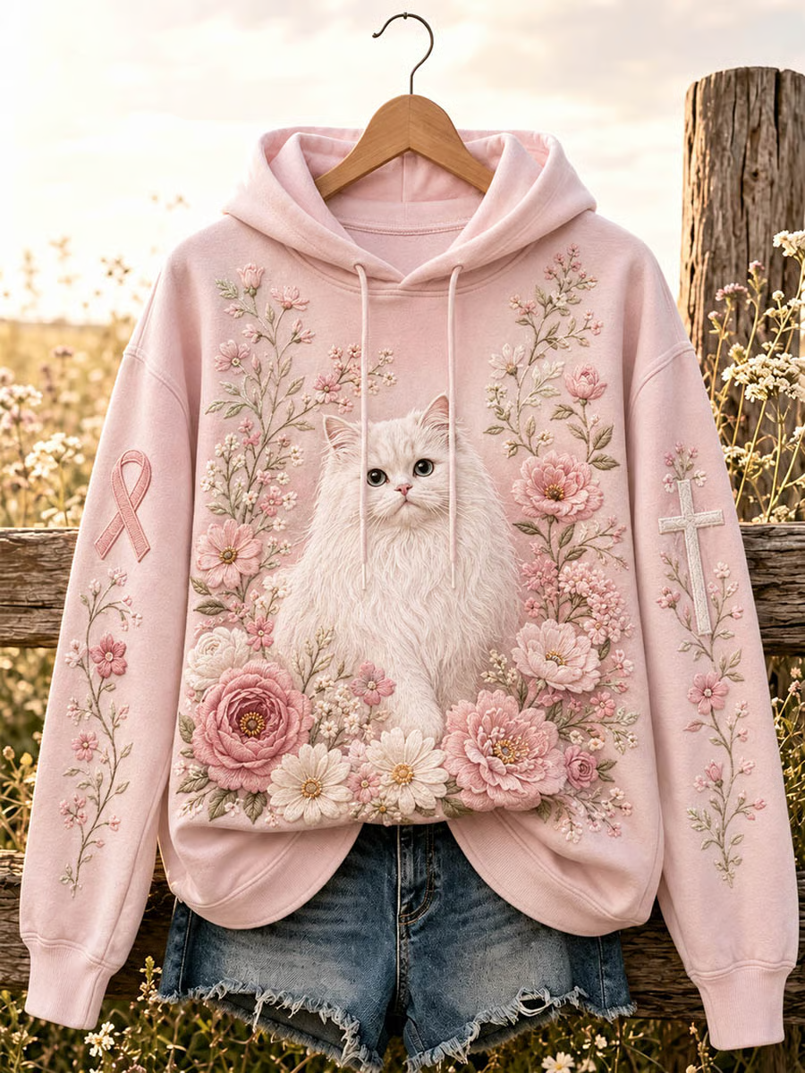 Women's Pink Floral Cat Breast Cancer Awareness Hoodie