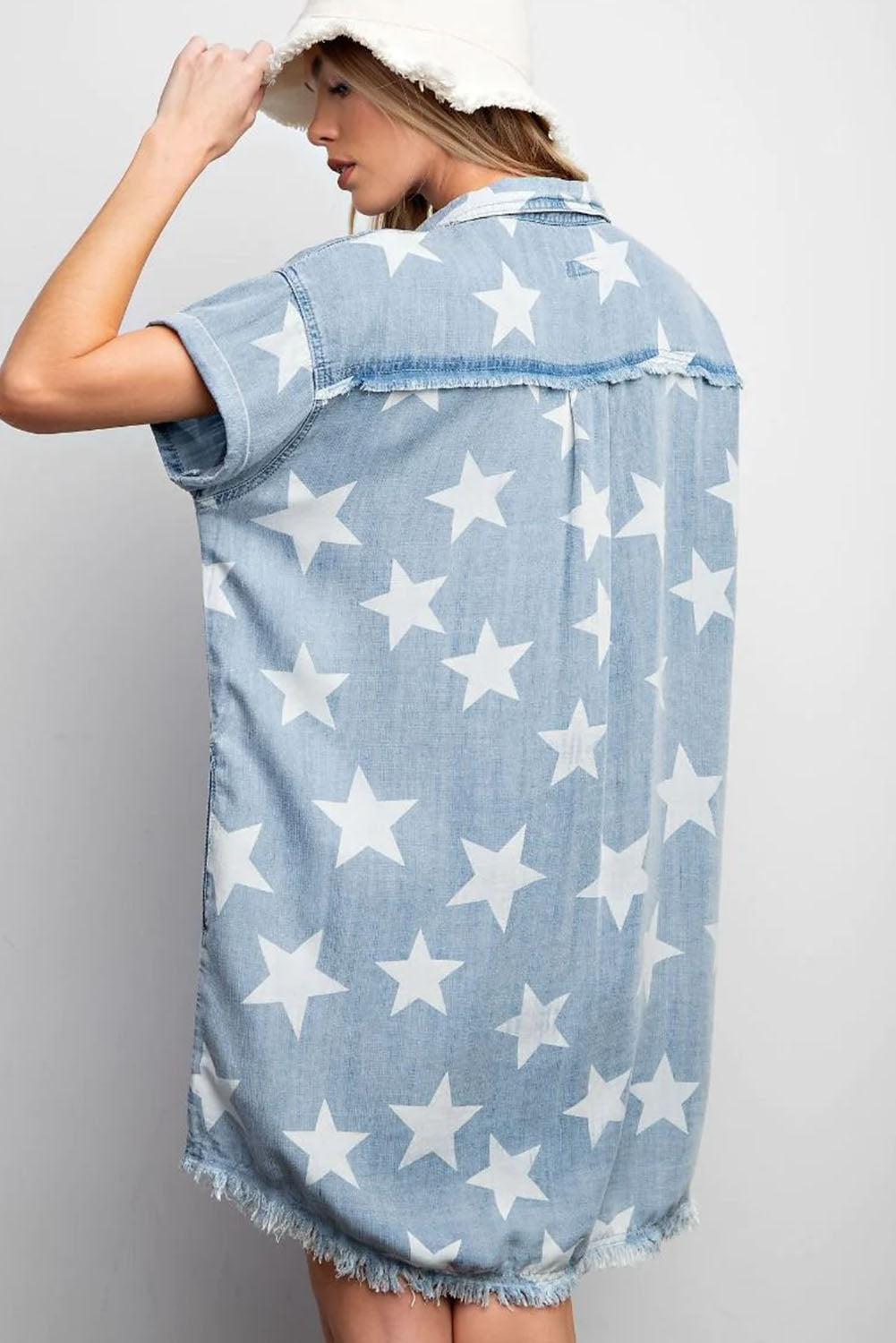 Sky Blue Stars Frayed Hem Collared Short Sleeve Denim Dress