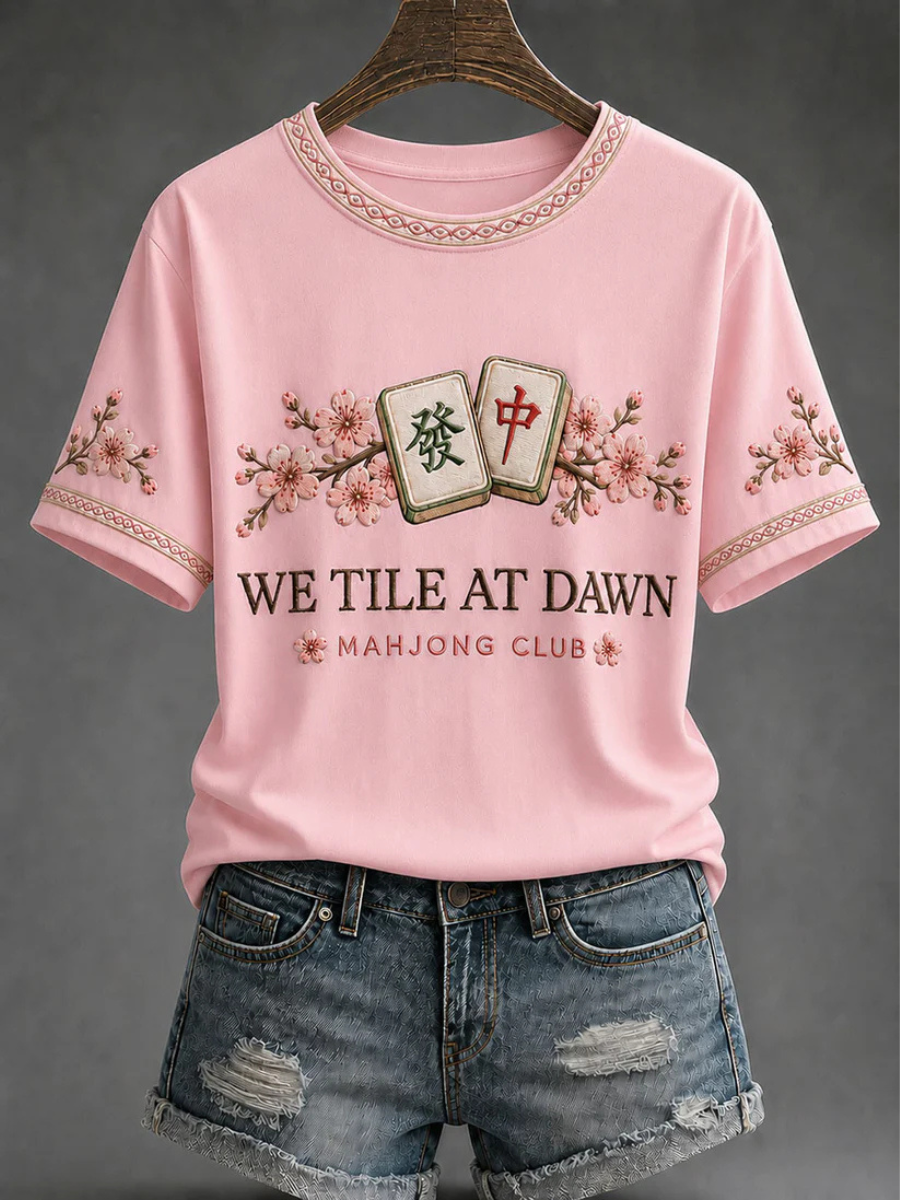 Women'S Breast Cancer Promotion Cat Print Mahjong Fan T-Shirt