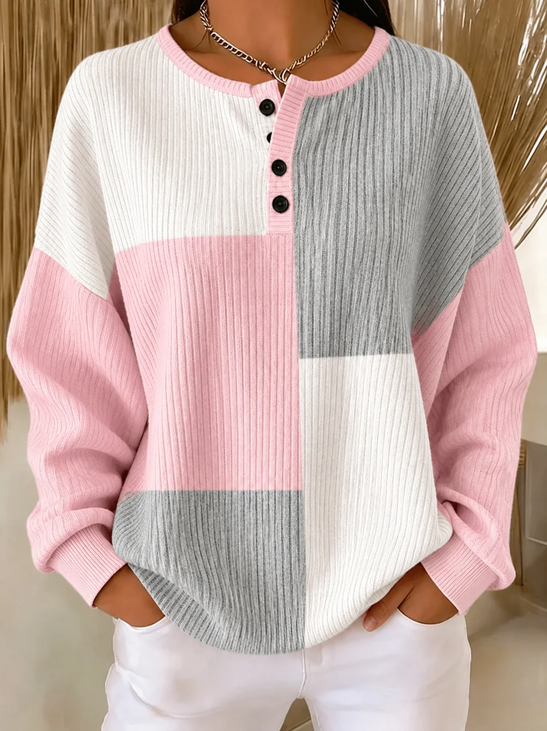 Women's Casual Abstract Geometric Pattern Henry Collar Sweatshirt