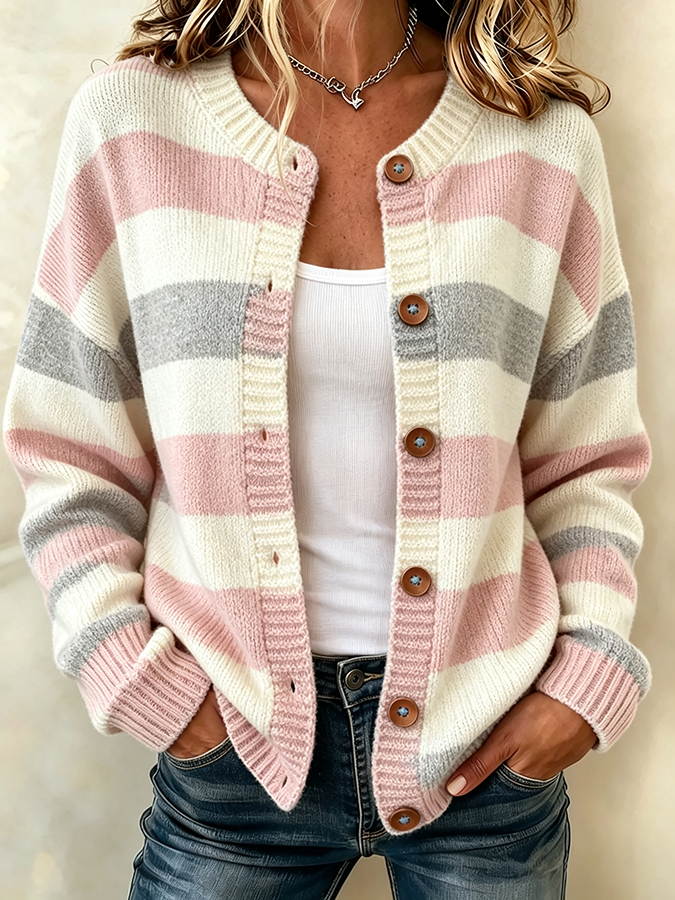 Ladies' Casual Striped Knitted Cardigan Top