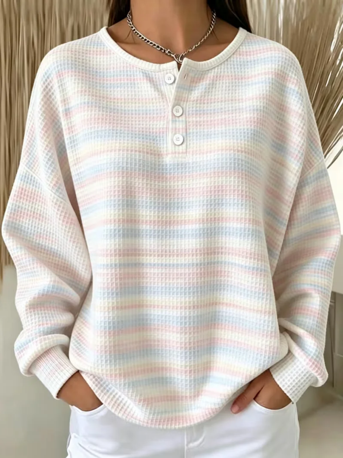 Women Striped Crew Neck Printing Casual Sleeve Sweatshirt