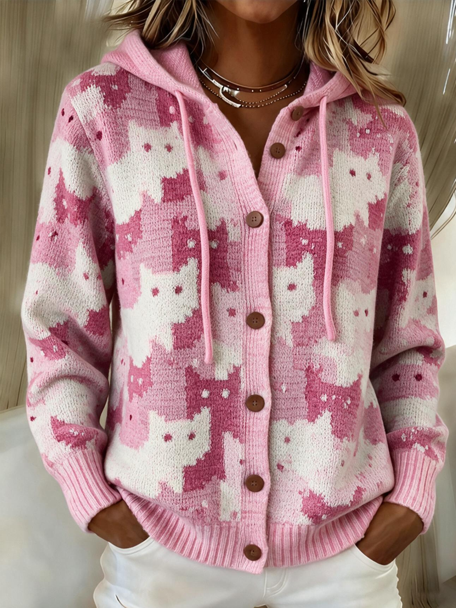 Women's Pink Gradient Pattern Hooded Knit Sweatshirt