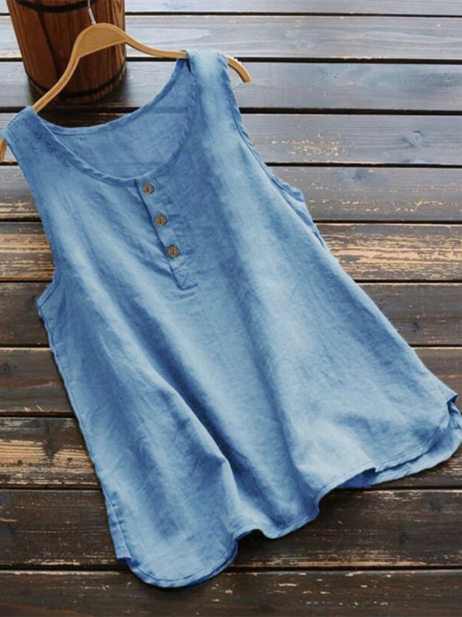 Women's Solid Cotton Linen Round Neck Split T-shirt
