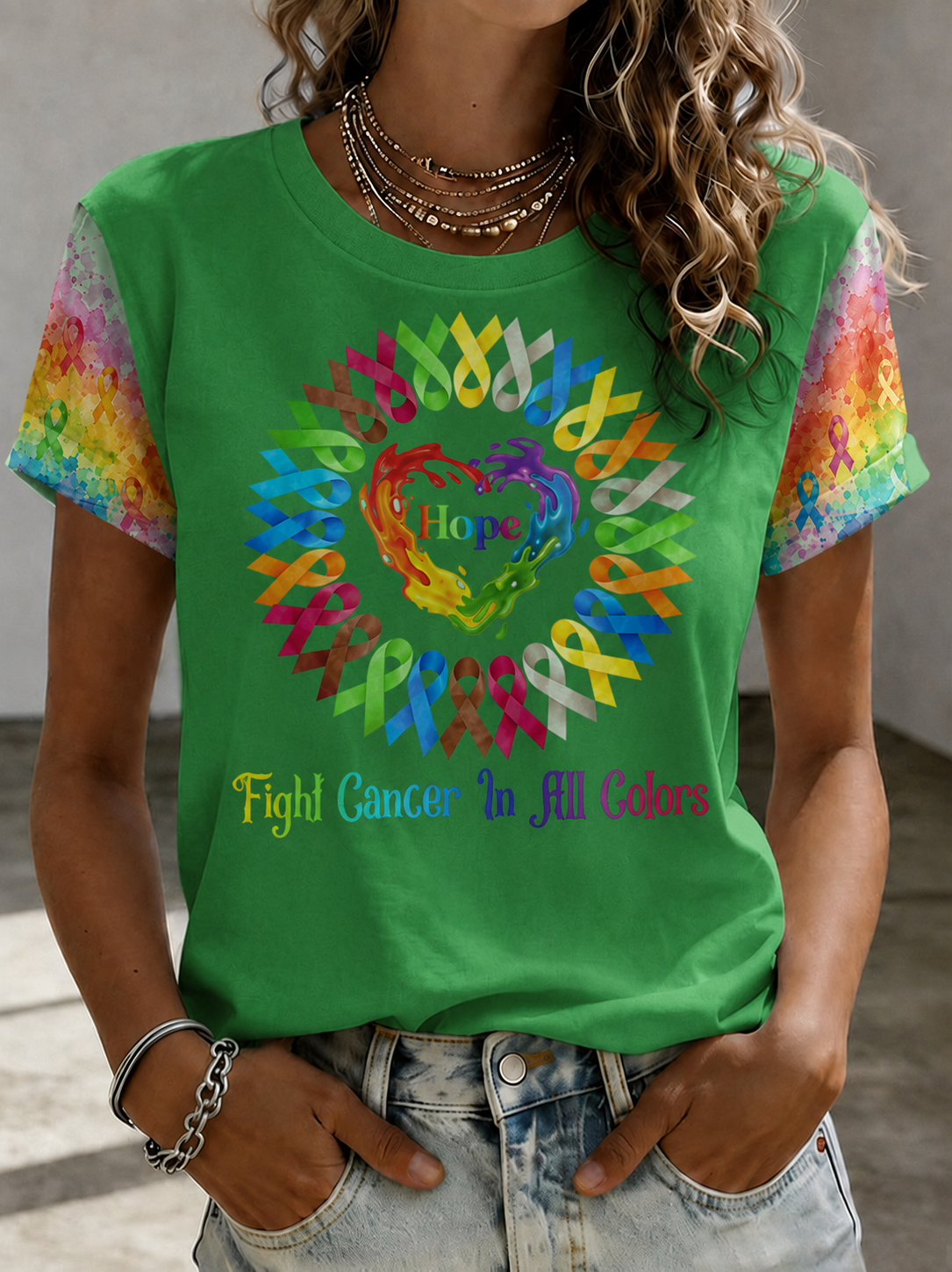 Women Hope Heart All Color Cancer Ribbons Fight Cancer T-Shirt