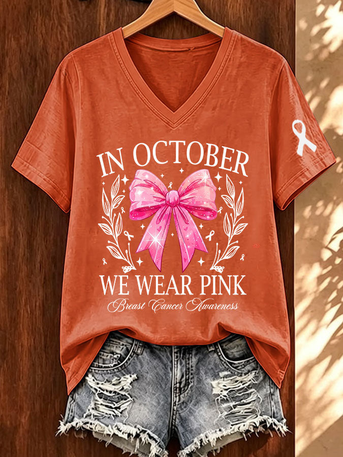 Women'S Breast Cancer Awareness Together We Fight We Win Bow Coquette Printed T-Shirt