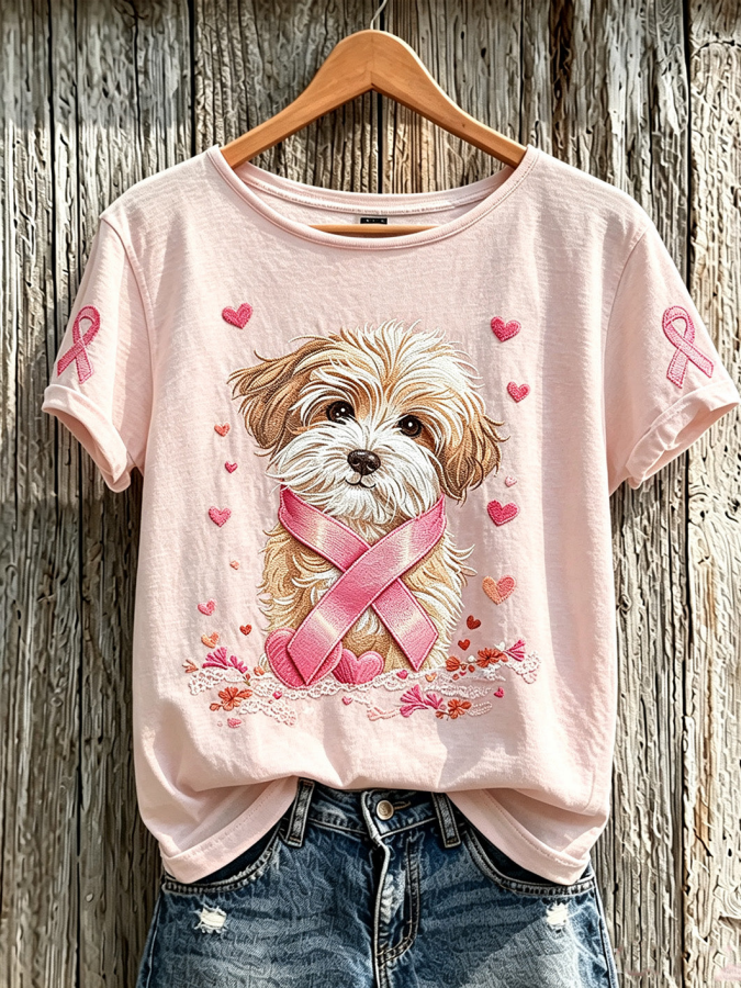 Women'S Breast Cancer Cute Dog Pattern Printed Casual Short-Sleeve T-Shirt