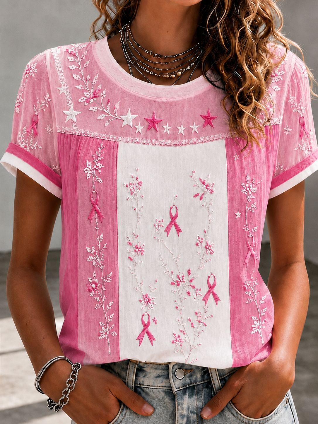 Women'S Breast Cancer Awareness Printing Short Sleeved T-Shirt