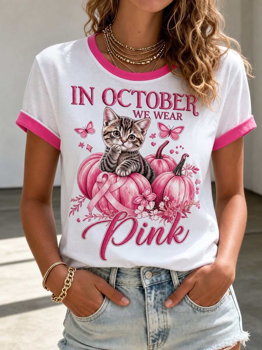 Women's Breast Cancer Awareness Cat Printed Casual T-Shirt