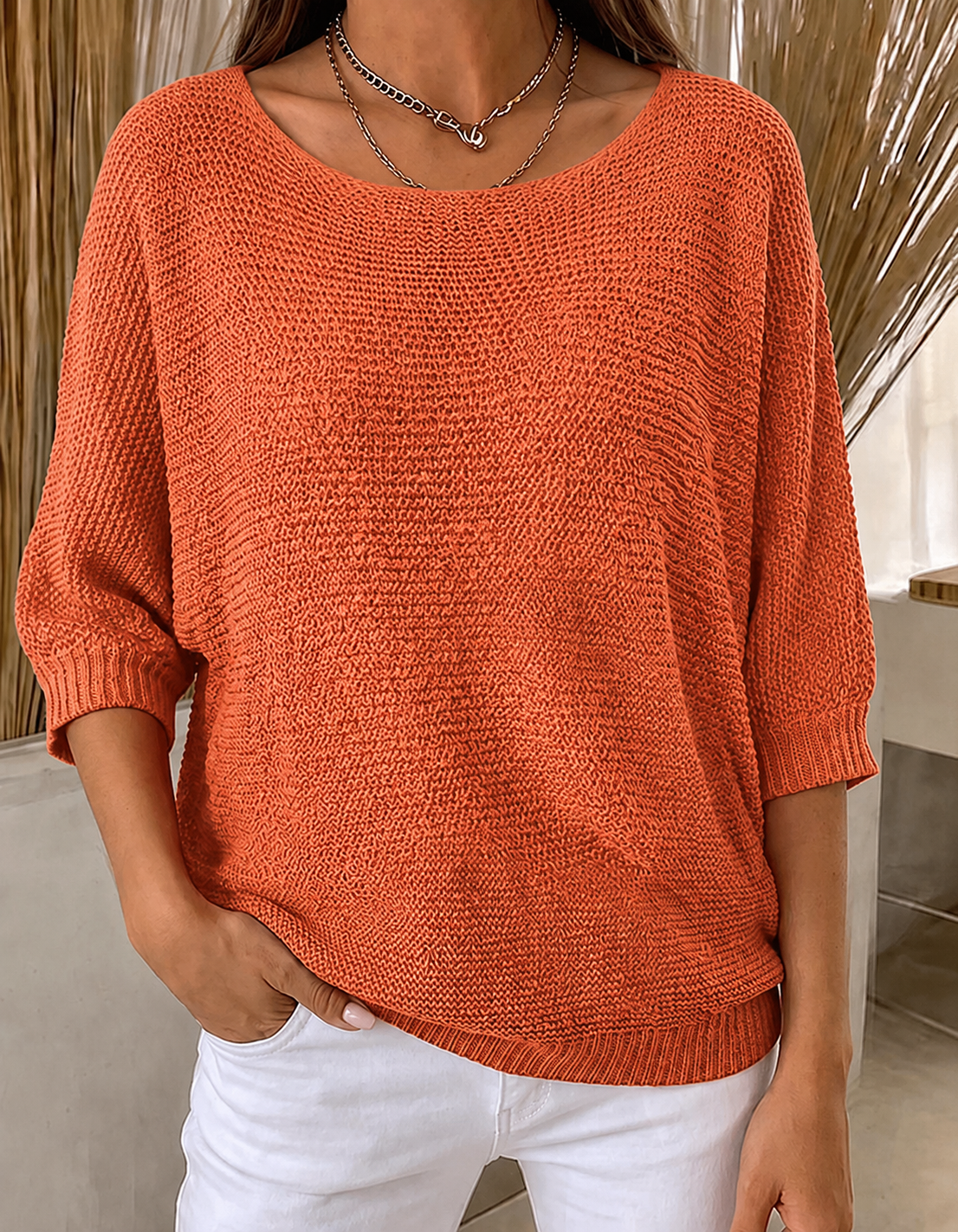 Women'S Solid Color Multi-Color Round Neck Knitted Sweater With Seven Quarter Sleeve Top