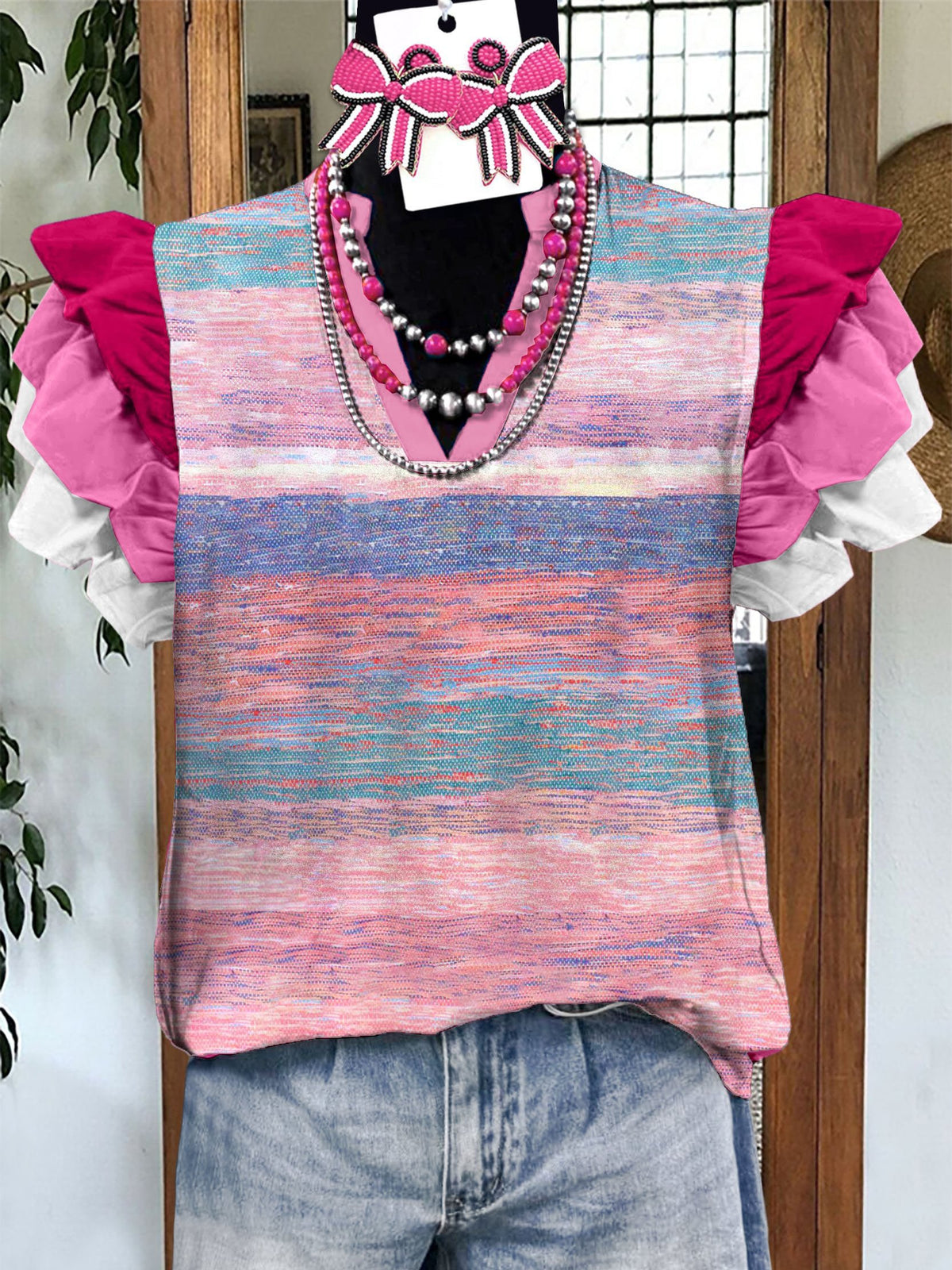 Women'S Pink Butterfly Sleeve Printed Top