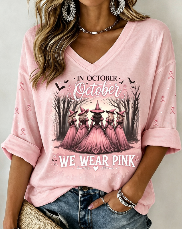 Women'S In October We Wear Pink Mid Sleeve V-Neck T-Shirt