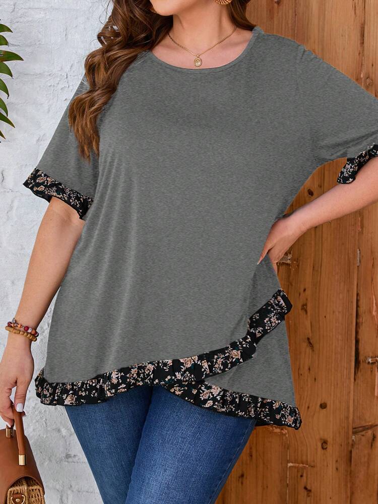 Plus Size Women's Summer Floral Printed Round Neck Short Sleeve Casual T-Shirt