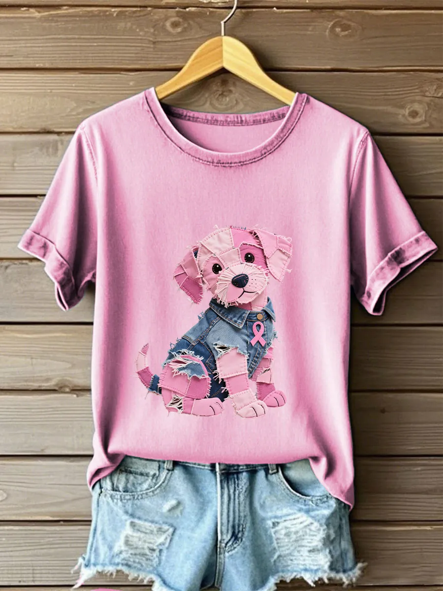 Women'S Breast Cancer Awareness Denim Puppy Print T-Shirt