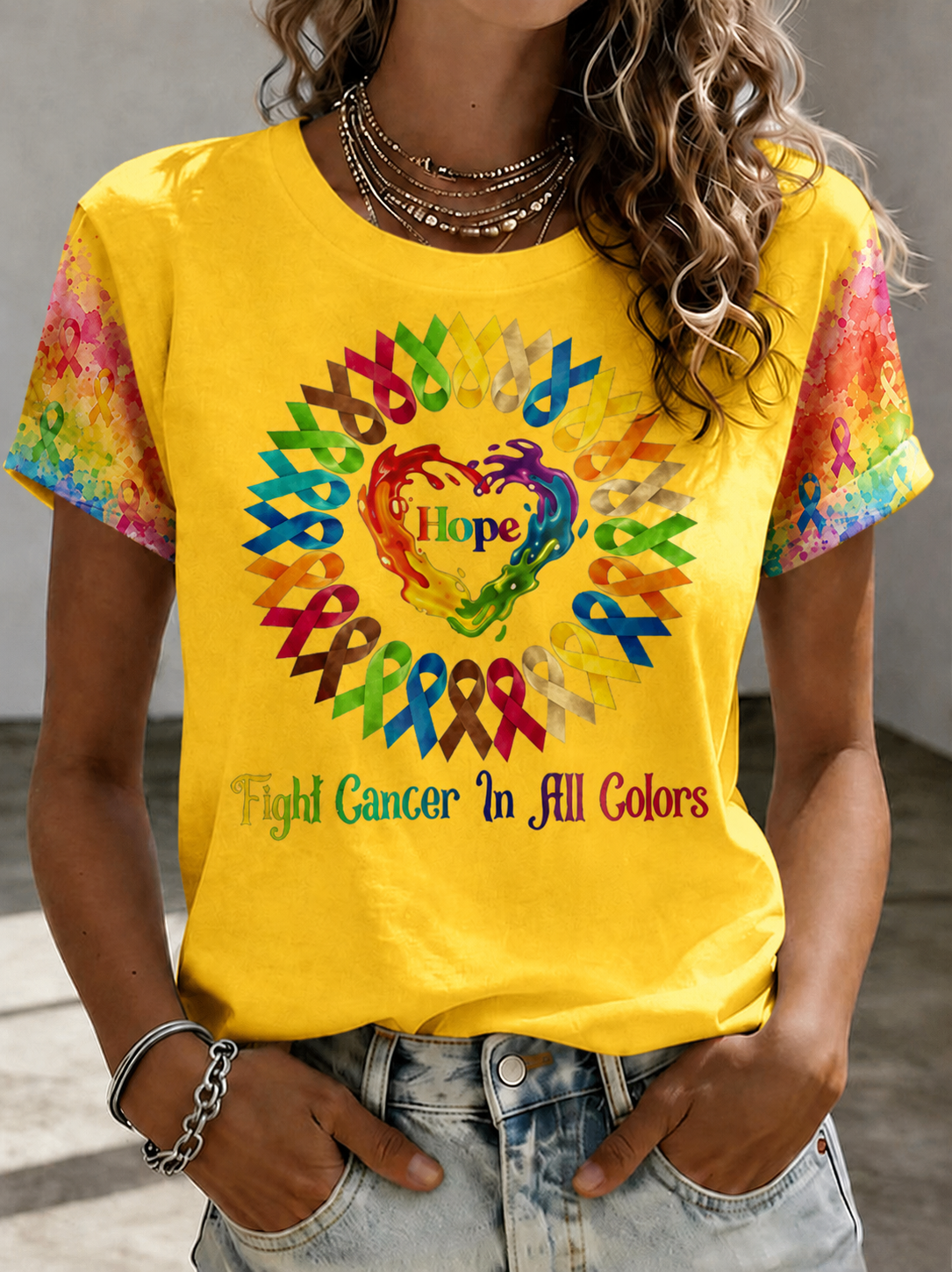 Women Hope Heart All Color Cancer Ribbons Fight Cancer T-Shirt