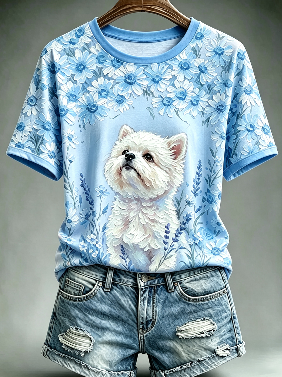 Women's Oil Painting Animal Dog Printed Vintage Fashion Loose Short Sleeve T-Shirt