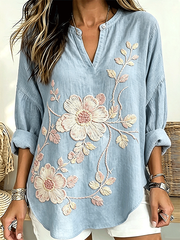 Women's Large Floral Embroidered Henley Neck Linen Blouse
