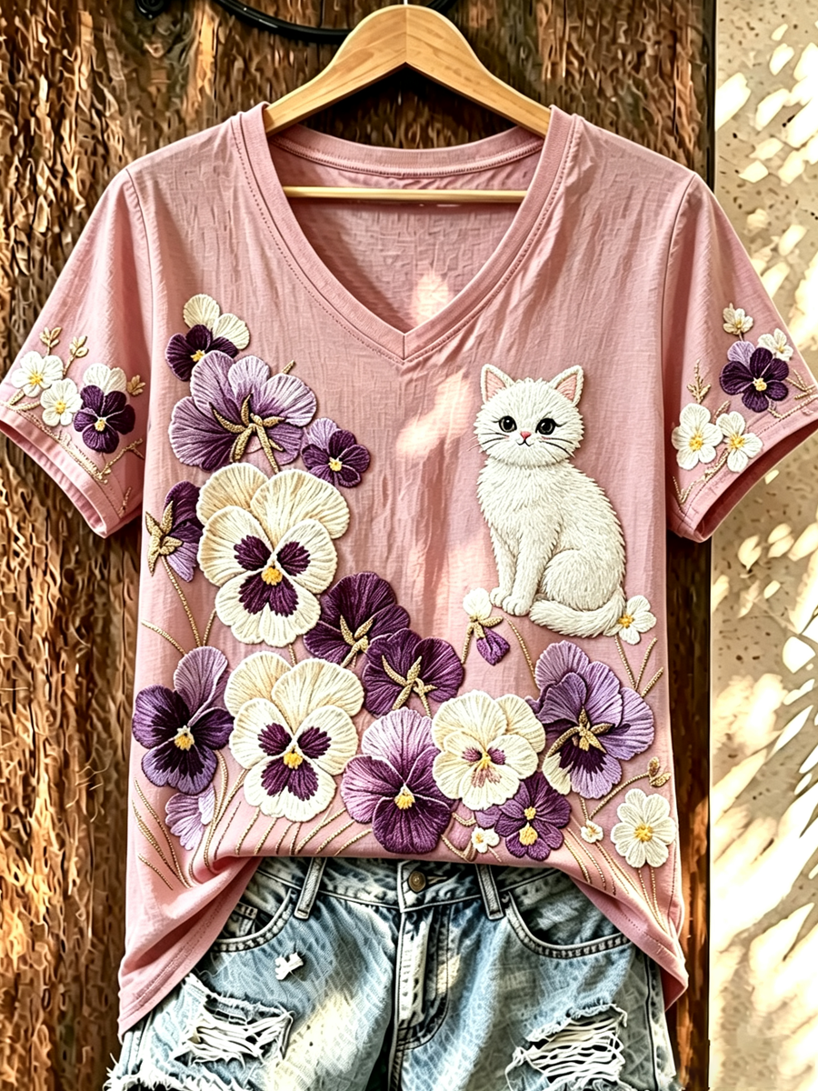 Women's Purple Floral Cat-Pocket V-Neck Top