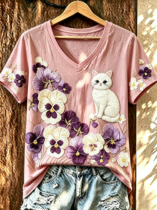 Women's Purple Floral Cat-Pocket V-Neck Top