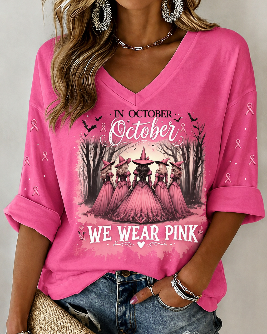 Women'S In October We Wear Pink Mid Sleeve V-Neck T-Shirt