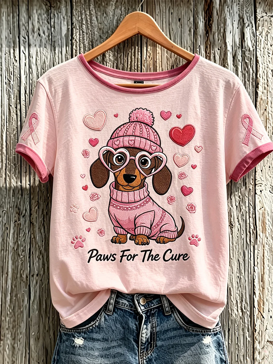 Women'S Breast Cancer Theme Cute Dog Print Casual Short-Sleeve T-Shirt