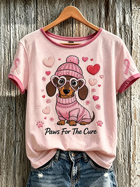 Women'S Breast Cancer Theme Cute Dog Print Casual Short-Sleeve T-Shirt