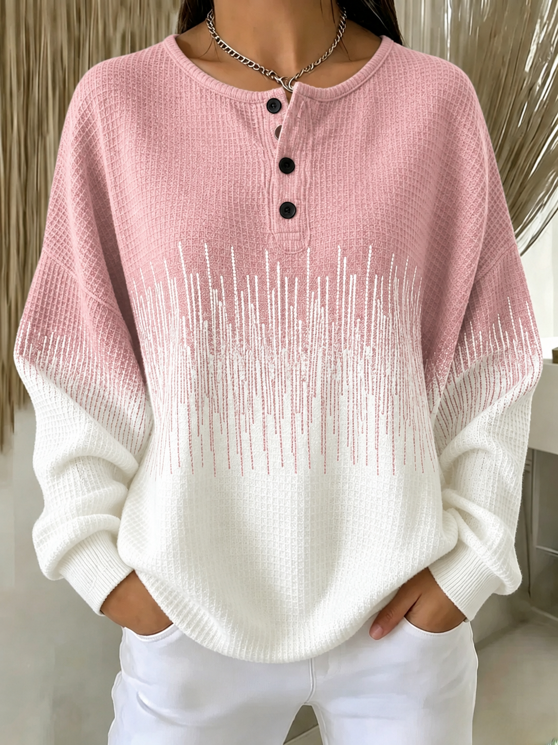 Women's Casual Waffle Striped Sweatshirt