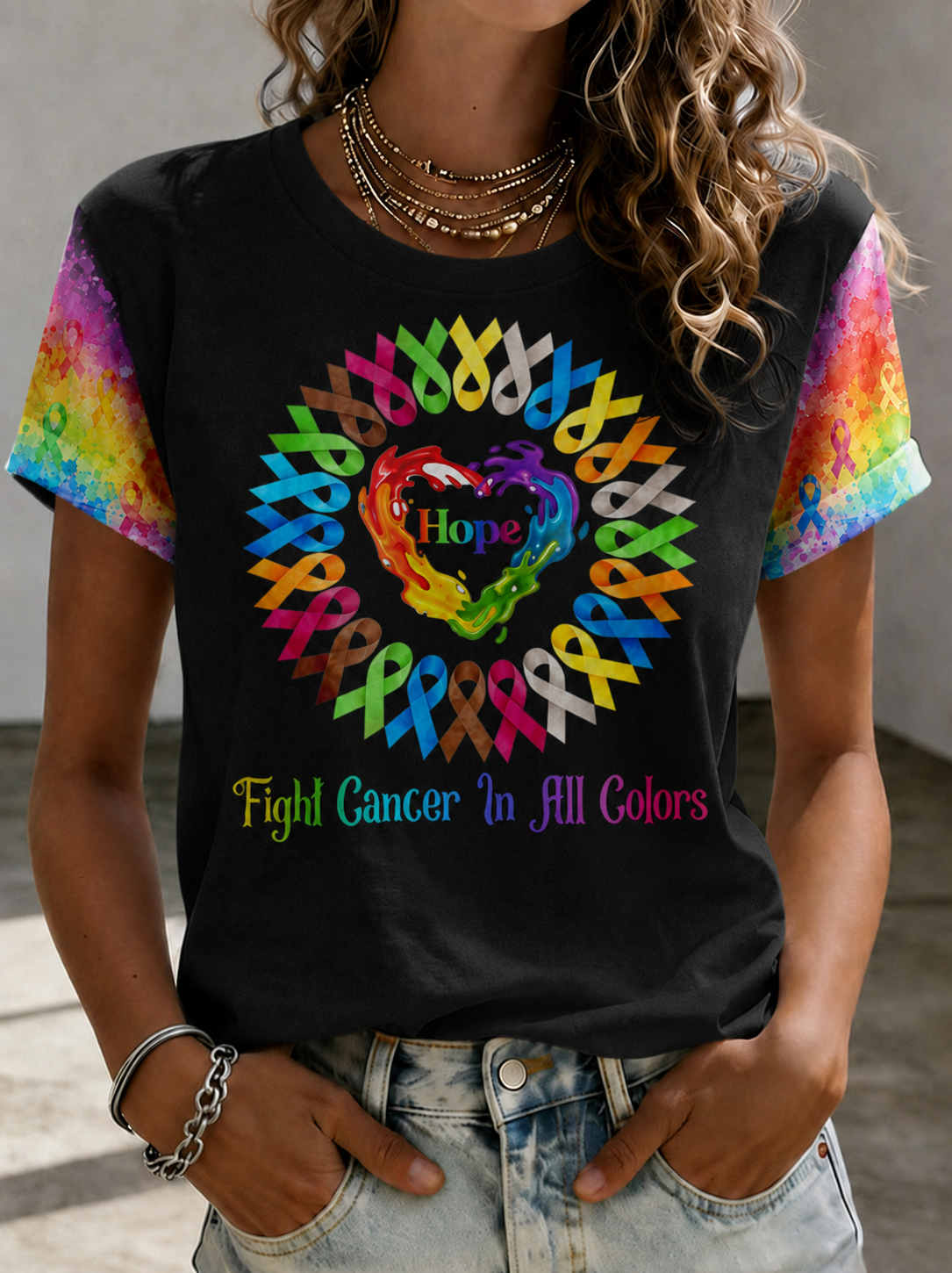 Women Hope Heart All Color Cancer Ribbons Fight Cancer T-Shirt