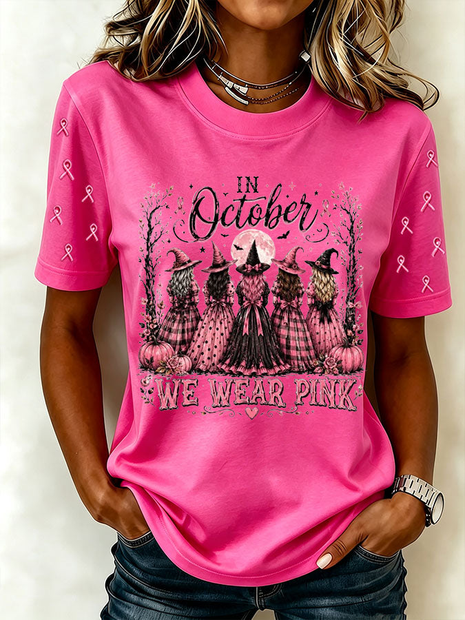 Women'S Retro In October We Wear Pink Printed T-Shirt