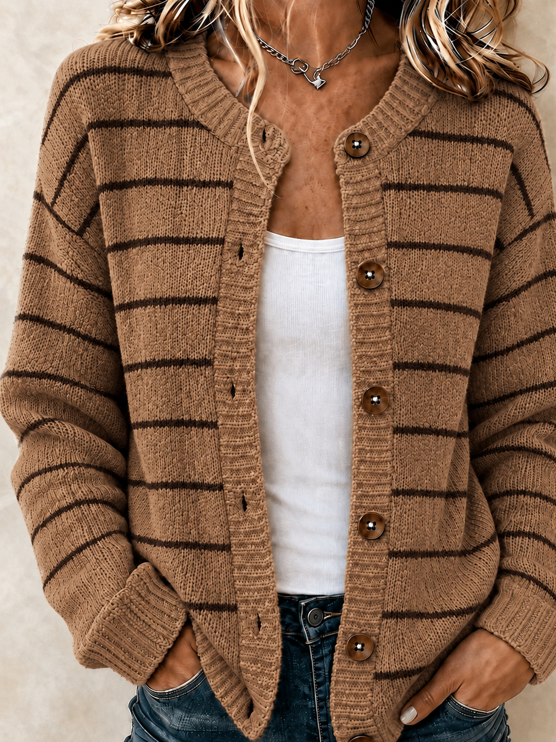 Women'S Casual Retro Striped Knitted Cardigan Top