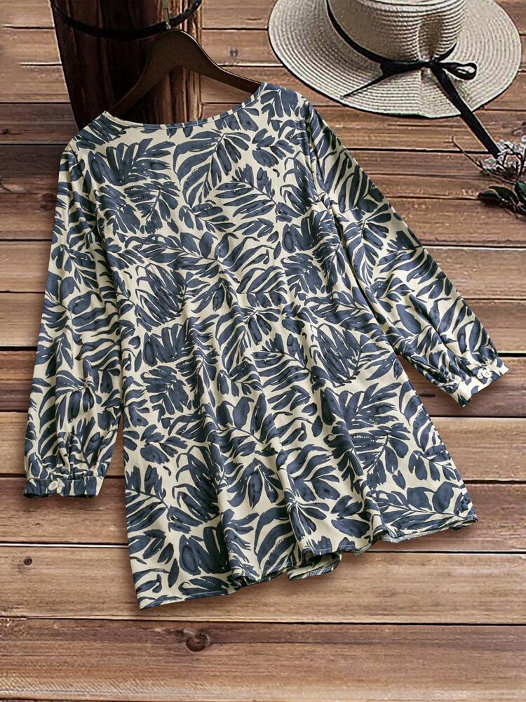Women Summer Tropical Print Pleated Blouse