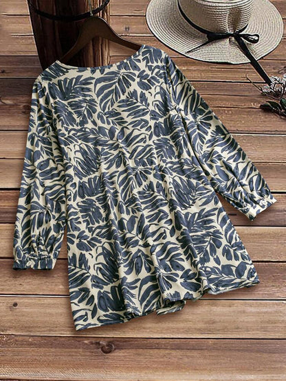 Women Summer Tropical Print Pleated Blouse