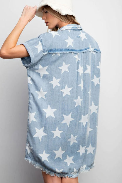 Sky Blue Stars Frayed Hem Collared Short Sleeve Denim Dress