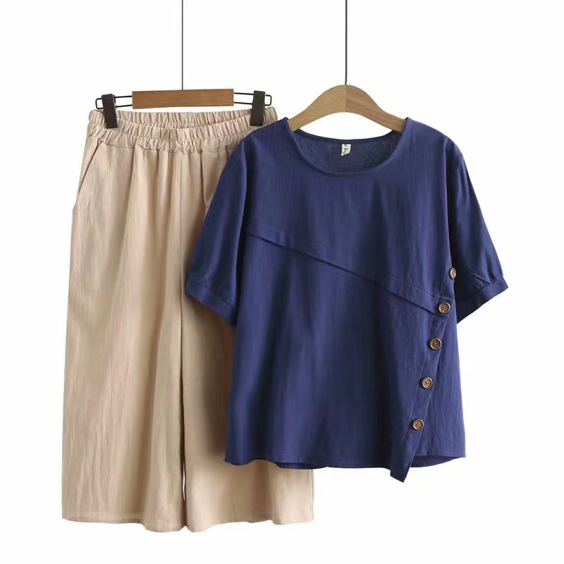 2024 Summer New Arrival Button 2 Pieces Suit Loose Cotton Linen