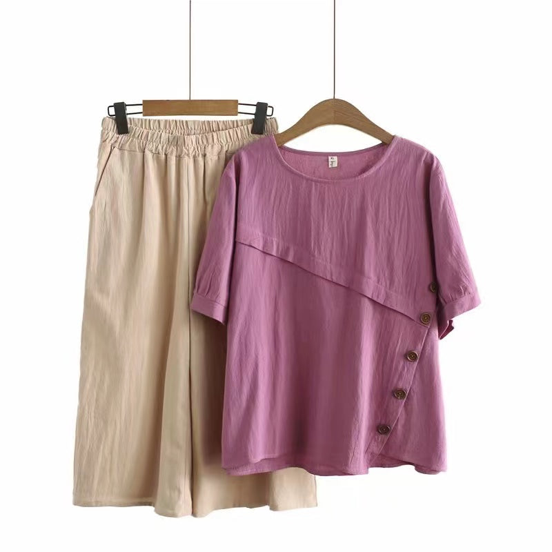 2024 Summer New Arrival Button 2 Pieces Suit Loose Cotton Linen