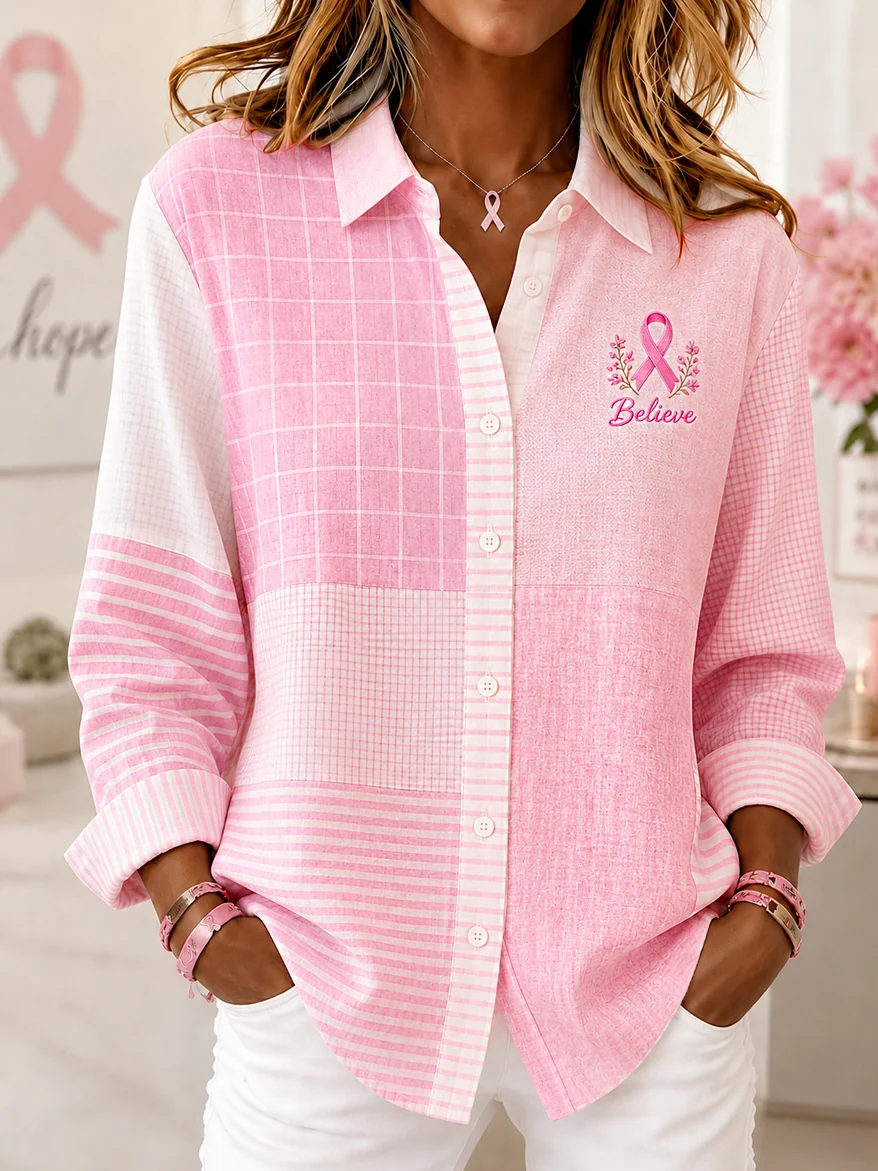 Women's Pink Plaid Print Lapel Long Sleeve Shirt