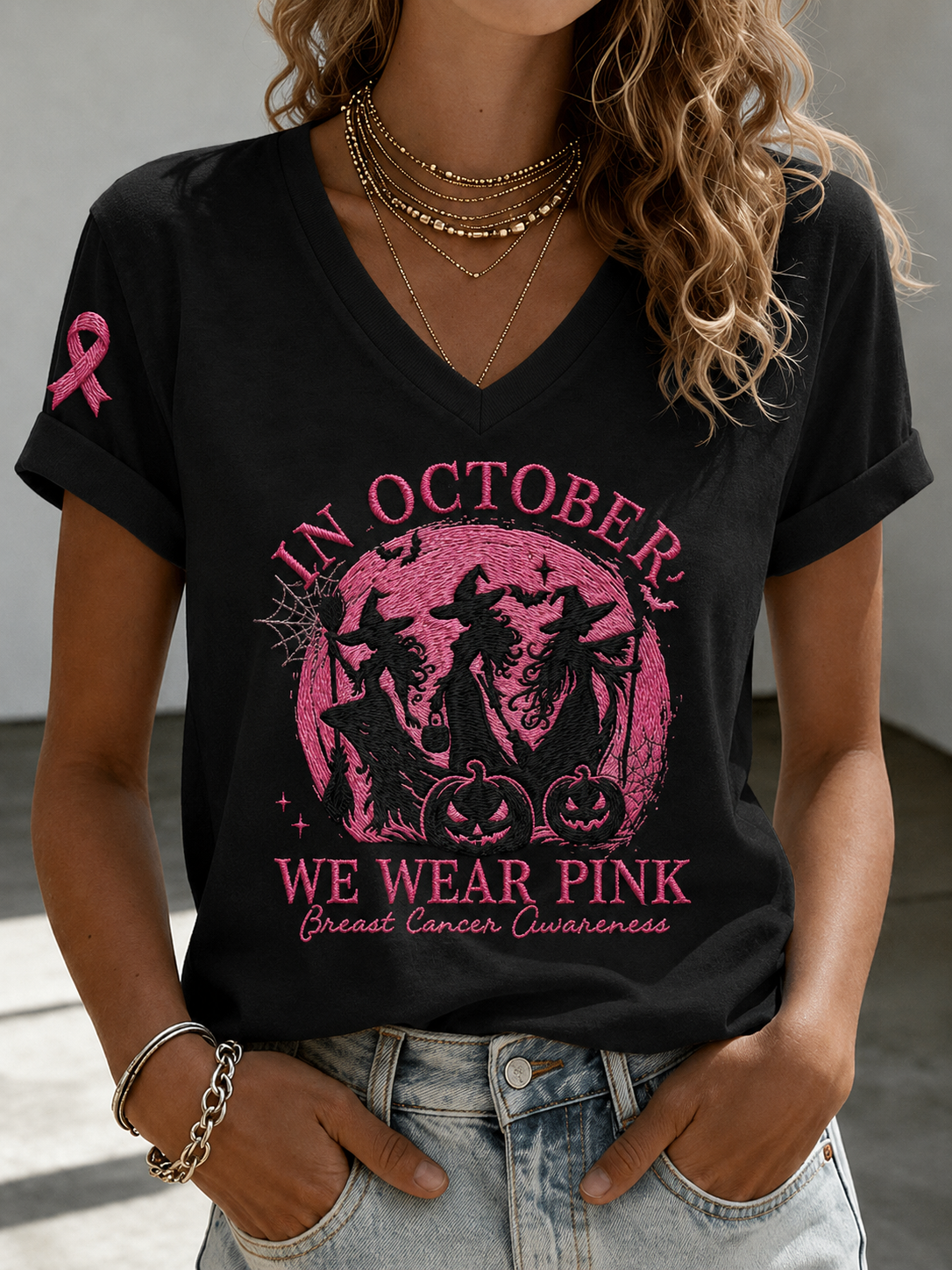 Women's V‐Neck T‐Shirt Halloween Witches Breast Cancer Awareness Faux Embroidery Graphic