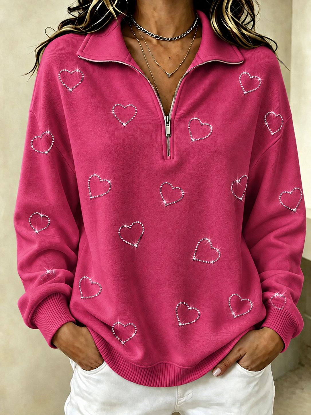 Women's Heart-Shaped Hot Stamping Zipper Sports Shirt