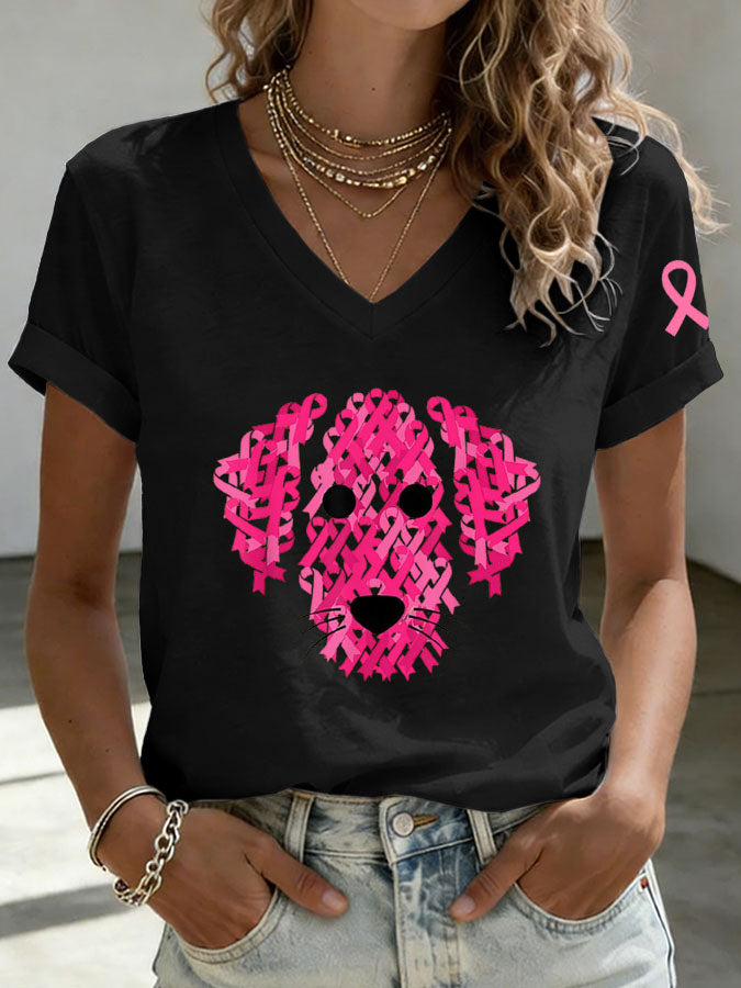 Women'S Breast Cancer Awareness Cute Dog Print T-Shirt