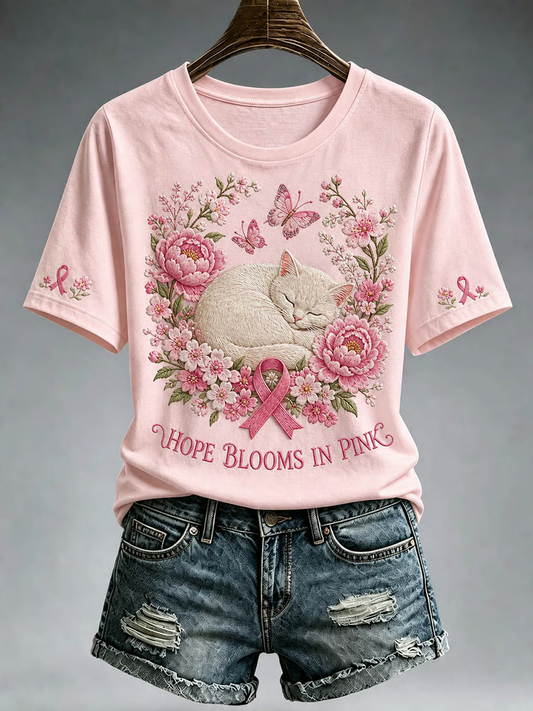 Women's Gentle Pink Peony Cat Breast Cancer Ribbon Casual T-shirt
