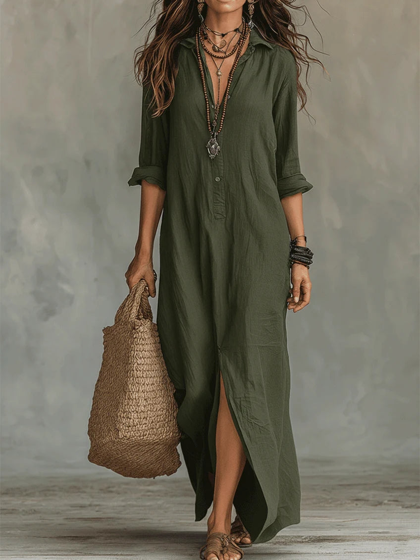 🌿New Linen🔥 Flowy Maxi Dress with Front Buttons