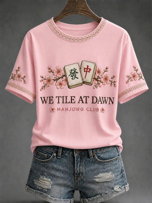 Women'S Breast Cancer Promotion Cat Print Mahjong Fan T-Shirt