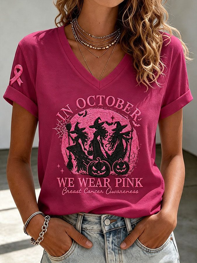 Women's V‐Neck T‐Shirt Halloween Witches Breast Cancer Awareness Faux Embroidery Graphic