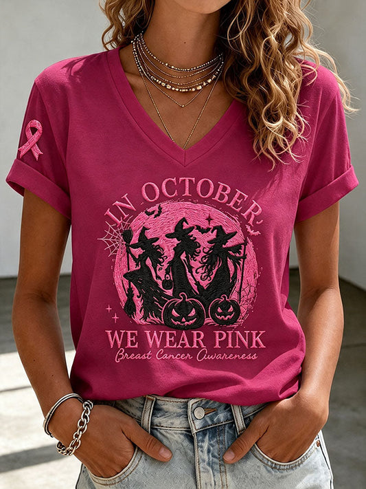 Women's V‐Neck T‐Shirt Halloween Witches Breast Cancer Awareness Faux Embroidery Graphic