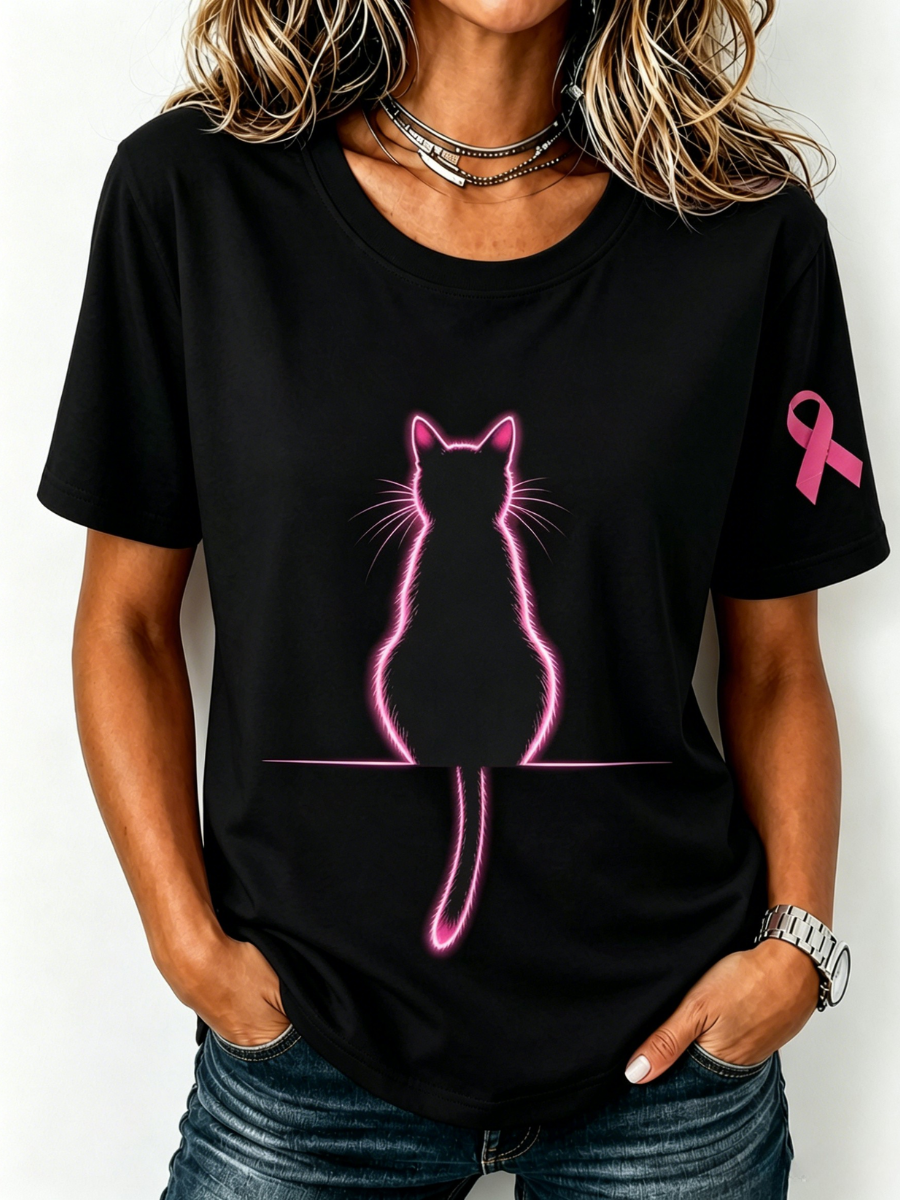 Women's Breast Cancer Awareness Cat Printed Casual T-Shirt