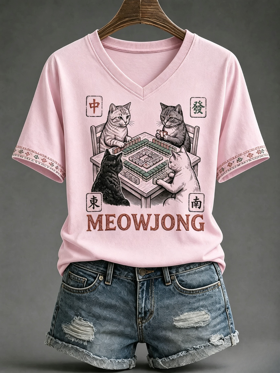 Women'S Breast Cancer Promotion Cat Print Mahjong Fan T-Shirt