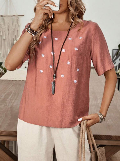 Women's Round Neck Flower Embroidery Casual Short Sleeve Shirt, Summer