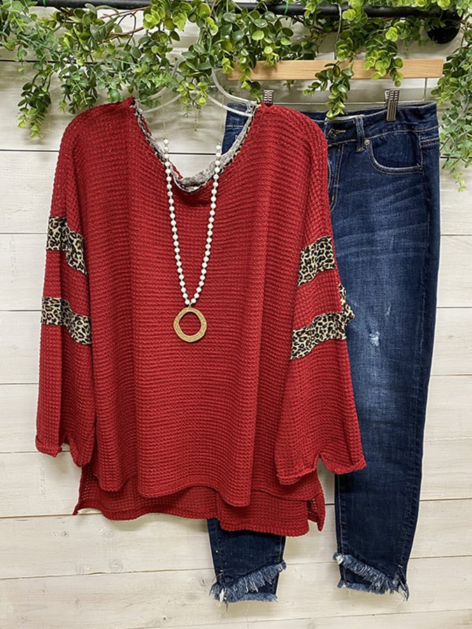 European And American Style Leopard Stitching Design Waffle Long-Sleeved Shirt