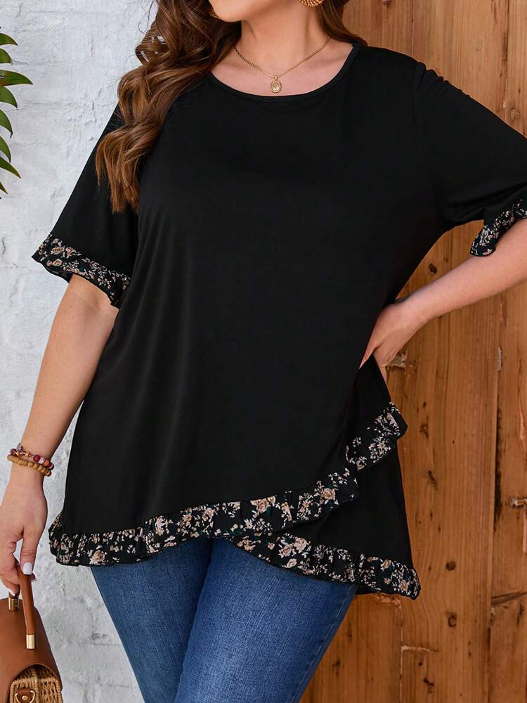 Plus Size Women's Summer Floral Printed Round Neck Short Sleeve Casual T-Shirt