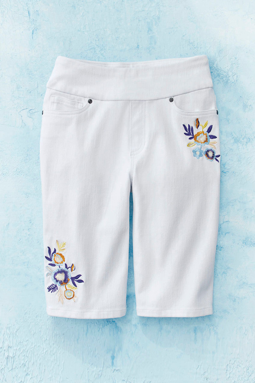 Embroidered Knit Denim Shorts